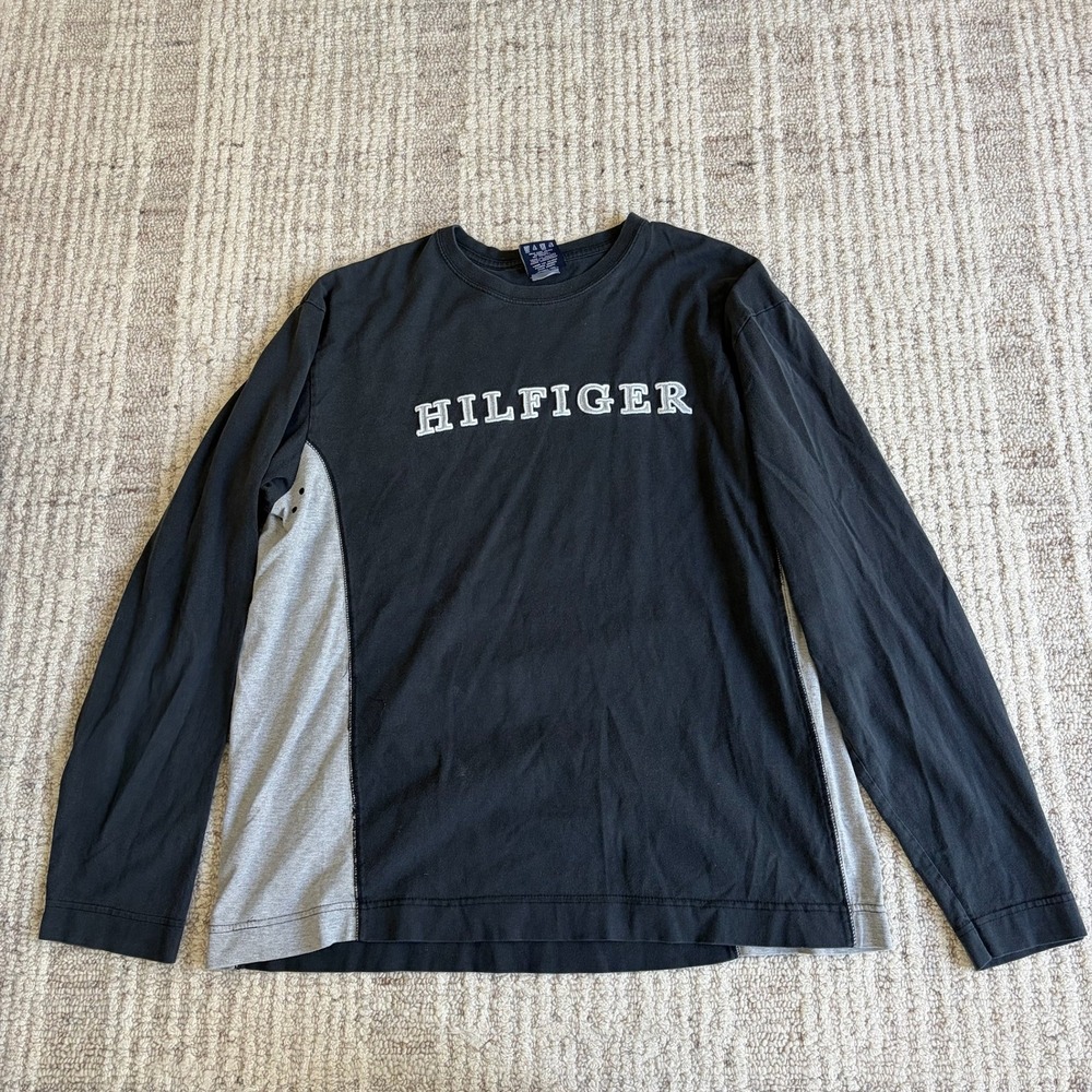 Tommy Hilfiger Mens Long Sleeve T-Shirt Black Grey Colorblock Logo Size L